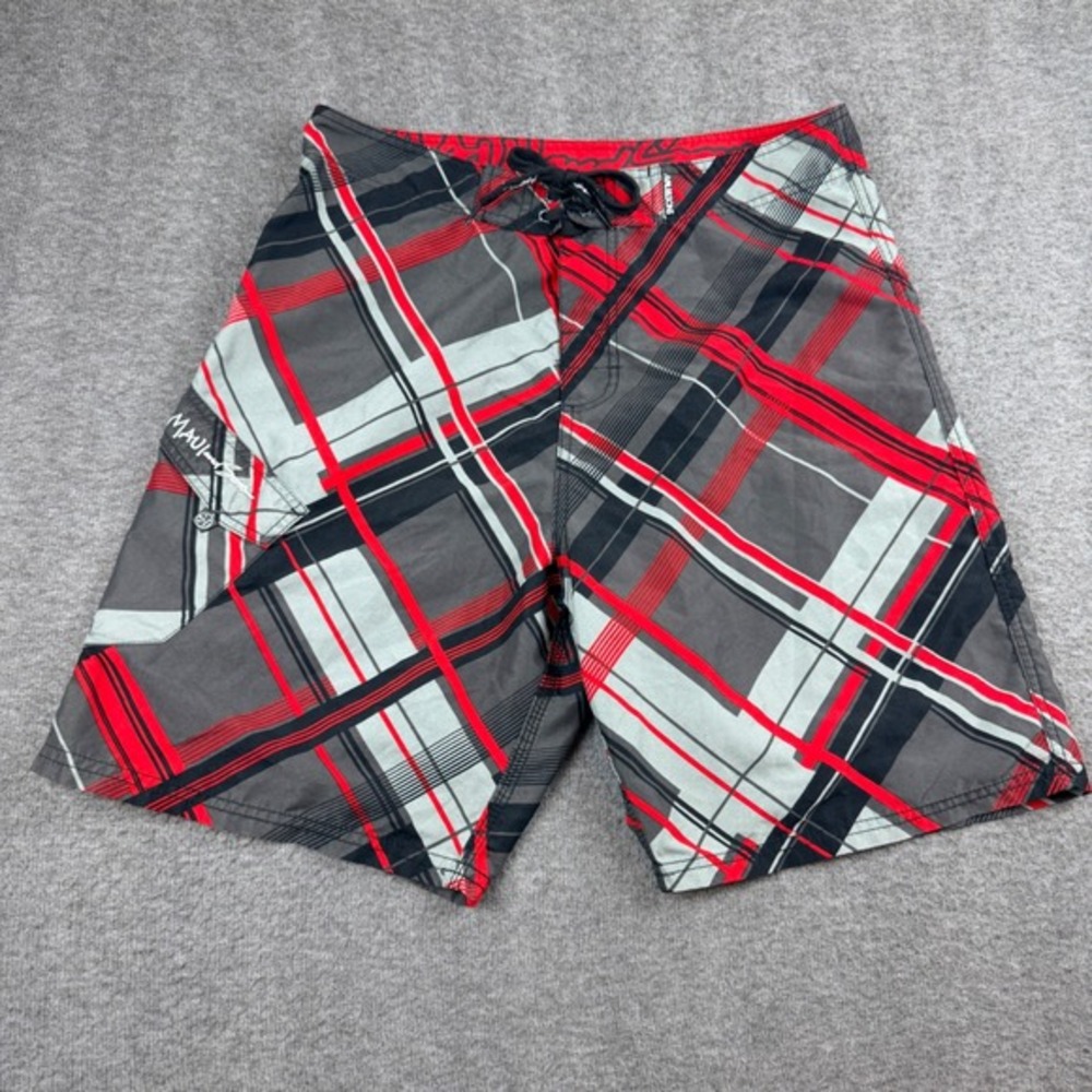 Maui and Sons Board Shorts Men's 34 Red Grey Plaid Cargo‎ Pocket Swim Trunks